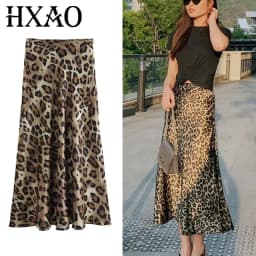 HXAO Leopard Print Women's Midi Skirt High Waist Stylish Long Skirts For Women Fall Vintage Satin Skirt Woman Elegant Skirts