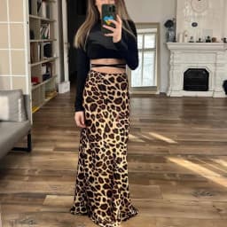 HXAO Leopard Print Women's Midi Skirt High Waist Stylish Long Skirts For Women Fall Vintage Satin Skirt Woman Elegant Skirts