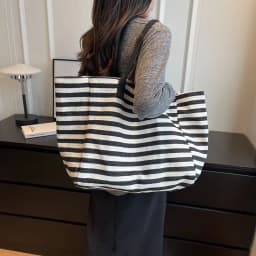 Casual Striped Canvas Bag For Women Large Capacity Shoulder Bag Daily Shopping Totes Student Bookbag for School Travel Beach Bag