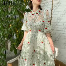 JEHETH Embroidered Lace Prom Dresses Pockets Green Puff Sleeves Cherries Tulle A-Line Pastrol Party Gowns Ankle Length Custom