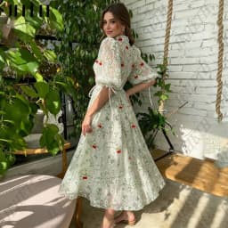 JEHETH Embroidered Lace Prom Dresses Pockets Green Puff Sleeves Cherries Tulle A-Line Pastrol Party Gowns Ankle Length Custom