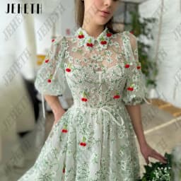JEHETH Embroidered Lace Prom Dresses Pockets Green Puff Sleeves Cherries Tulle A-Line Pastrol Party Gowns Ankle Length Custom