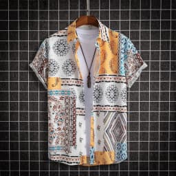 2023 Hawaiian Shirt Men Fashion Flower Geometric Printed Blouse Beach Single-breasted Short SleeveTops Holiday Men's Clothing