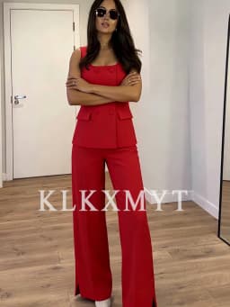 Women 2 Pieces Sets New Fashion Office Vest Top+Split Straight Leg Pants Women's Suit Formal Two Piece Set Women Outfit