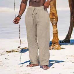 Men's Cotton Linen Pants Casual Loose Straight Pants Lightweight Drawstring Beach Trousers Mens Trousers