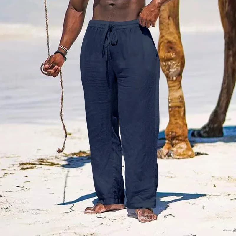 Men's Cotton Linen Pants Casual Loose Straight Pants Lightweight Drawstring Beach Trousers Mens Trousers