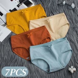 7Pcs/Set Women Cotton Ribbed Panties Mid-Rise Briefs with Bow Detail Comfort Breathable Underwear Sexy Lingerie Intimates M-XL