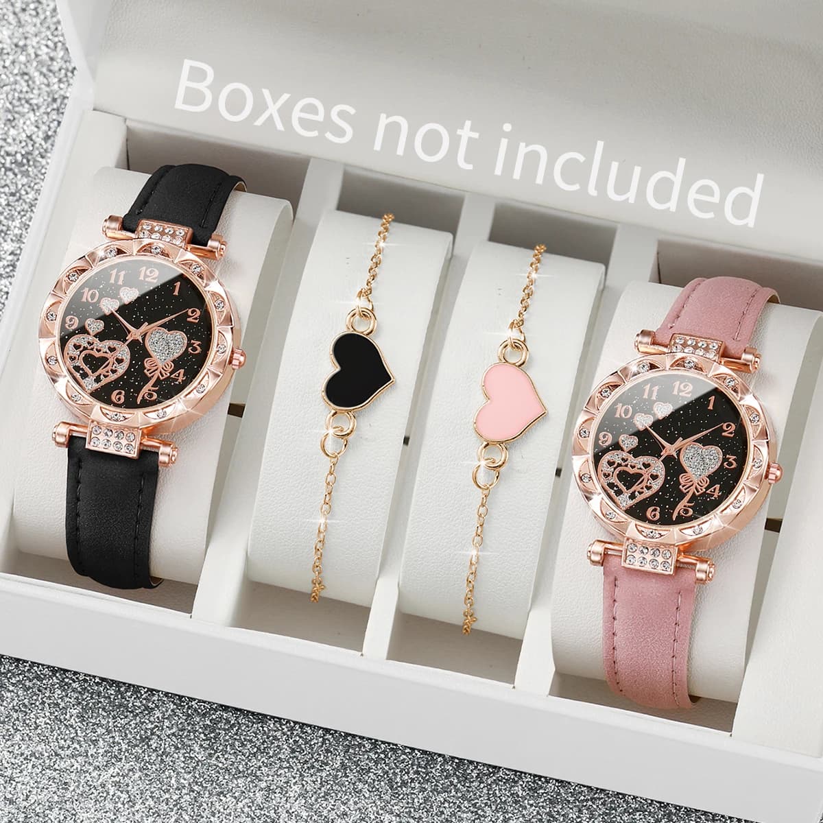 4PCS/Set Women's Watches Fashion Rhinestone Ladies Quartz Watch Leather Band Wristwatches Bracelets Set(Without Box)