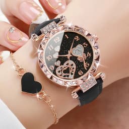 4PCS/Set Women's Watches Fashion Rhinestone Ladies Quartz Watch Leather Band Wristwatches Bracelets Set(Without Box)