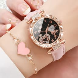 4PCS/Set Women's Watches Fashion Rhinestone Ladies Quartz Watch Leather Band Wristwatches Bracelets Set(Without Box)