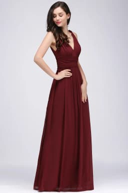 Elegant Burgundy V Neck Long Evening Dresses Summer Sleeveless Chiffon Ruched Formal Wedding Party Prom Gowns Vestido De Fiesta
