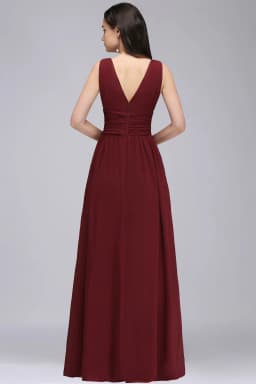 Elegant Burgundy V Neck Long Evening Dresses Summer Sleeveless Chiffon Ruched Formal Wedding Party Prom Gowns Vestido De Fiesta