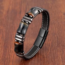 Natural Stone,Tiger Eye Bracelet,Black Leather Rope Chain,Men Bracelet,Stainless Steel Bracelet,Women Fashion Jewelry,Wholesale