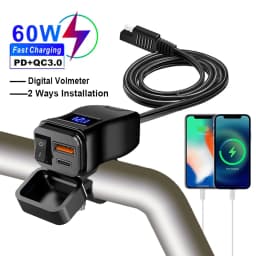 6.8A PD+QC3.0 Motorcycle Phone Charger Handlebar Dual USB Socket 60W Waterproof 12V Power Supply Adapter with Switch Voltmeter