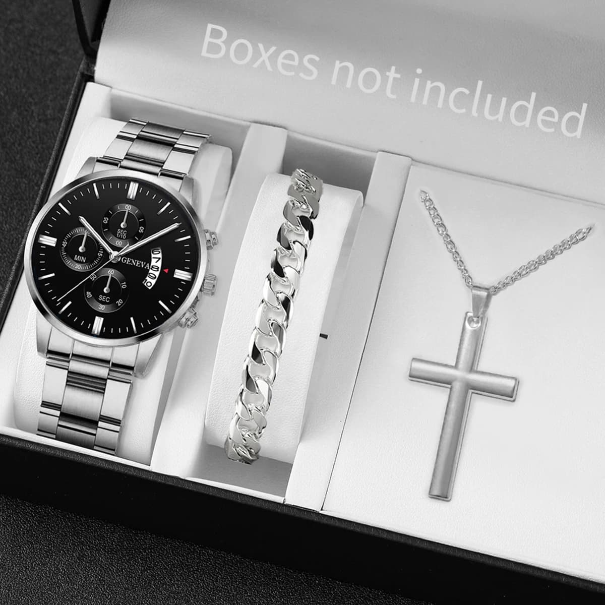 3PCS/Set Fashion Men's Stainless Steel Band Watch Casual Calendar Quartz Watch Jewelry Set(Without Box)