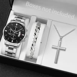 3PCS/Set Fashion Men's Stainless Steel Band Watch Casual Calendar Quartz Watch Jewelry Set(Without Box)