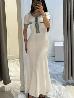 Elegant V Neck Denim Patchwork Knitted Long Dress Women Fashion Short Sleeved Buttons Bodycon Dresses Office Lady Pockets Robes