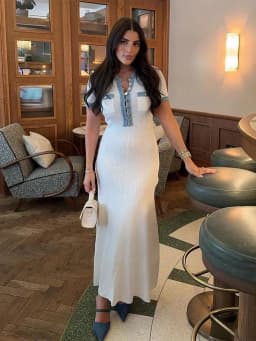 Elegant V Neck Denim Patchwork Knitted Long Dress Women Fashion Short Sleeved Buttons Bodycon Dresses Office Lady Pockets Robes