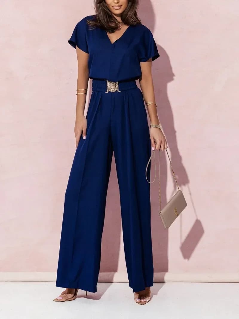Spring Summer Women's Fashion V-neck Short Sleeve Jumpsuit Ladies Casual Belt Solid Color Jumpsuit