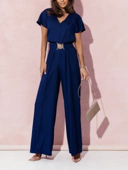 Spring Summer Women's Fashion V-neck Short Sleeve Jumpsuit Ladies Casual Belt Solid Color Jumpsuit