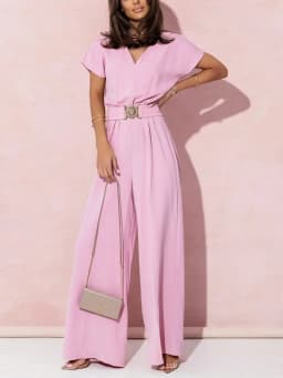 Spring Summer Women's Fashion V-neck Short Sleeve Jumpsuit Ladies Casual Belt Solid Color Jumpsuit