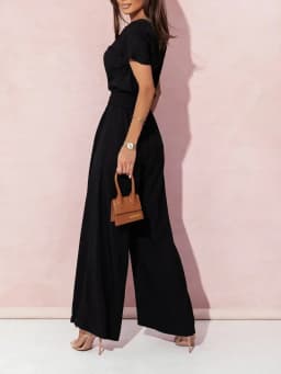 Spring Summer Women's Fashion V-neck Short Sleeve Jumpsuit Ladies Casual Belt Solid Color Jumpsuit