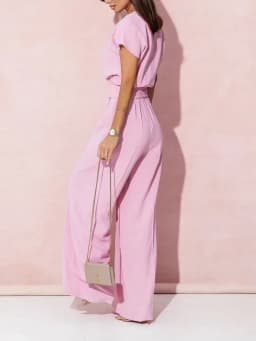 Spring Summer Women's Fashion V-neck Short Sleeve Jumpsuit Ladies Casual Belt Solid Color Jumpsuit