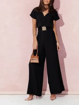 Spring Summer Women's Fashion V-neck Short Sleeve Jumpsuit Ladies Casual Belt Solid Color Jumpsuit