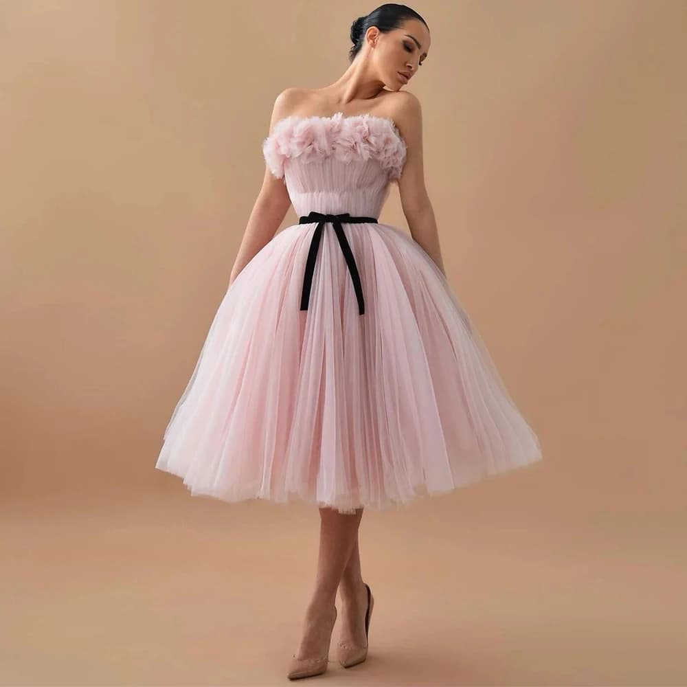 Customized Elegant Birthday Party Dresses Midi Pink Net Ruched Handmade Flower A-line Strapless Women's Cocktail Party Gowns