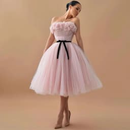 Customized Elegant Birthday Party Dresses Midi Pink Net Ruched Handmade Flower A-line Strapless Women's Cocktail Party Gowns