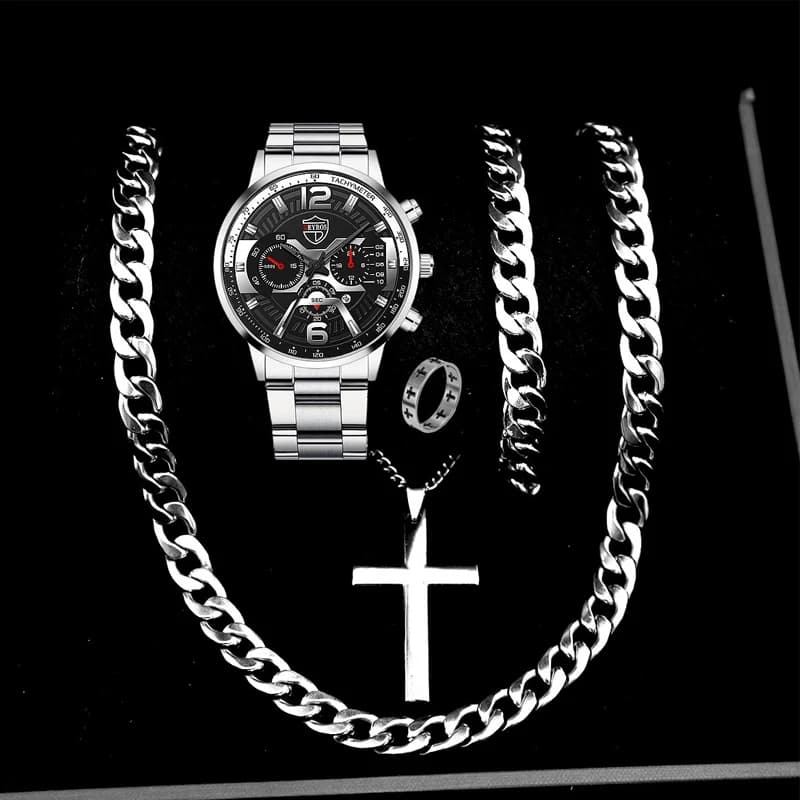 3PCS/5PCS Set DEYROS Fashion Mens Calendar Watches Men Business Quartz Wristwatch Male Casual Necklace Bracelet Watch.