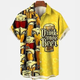 Beer Festival Harajuku Shirts For Men 3D Print Short Sleeve Tees Summer Hawaiian Beach Style Single-Breasted Tops Lapel