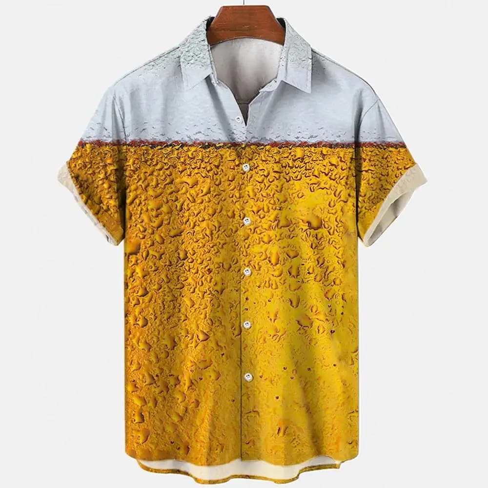 Beer Festival Harajuku Shirts For Men 3D Print Short Sleeve Tees Summer Hawaiian Beach Style Single-Breasted Tops Lapel