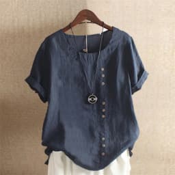 Women Single-breasted Decoration O Neck Pullover Shirt Vintage Cotton Linen Short Sleeves Blouse Comfortable Casual Female Tops