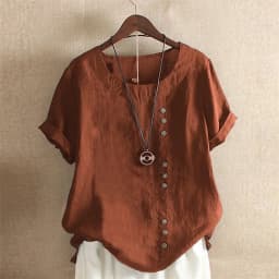 Women Single-breasted Decoration O Neck Pullover Shirt Vintage Cotton Linen Short Sleeves Blouse Comfortable Casual Female Tops