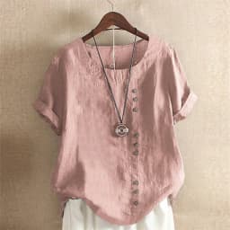 Women Single-breasted Decoration O Neck Pullover Shirt Vintage Cotton Linen Short Sleeves Blouse Comfortable Casual Female Tops