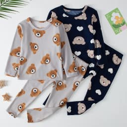 2-Piece 2024 New Autumn Children's Cute Bear Long-Sleeved Trousers Suit Boy Leisure and Comfortable Home Cover Girl Joker Pajama