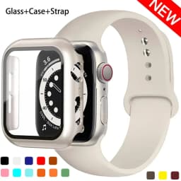 Glass+Case+Strap For Apple Watch band 44mm 45mm 42mm 41mm 40mm 38mm Silicone watchband bracelet iWatch series 8 9 7 6 5 4 3 SE