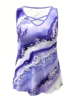 Plus Size Marble Print Tank Top Casual Criss Cross Sleeveless V Neck Top For Summer & Spring Women's Plus Size Clothing