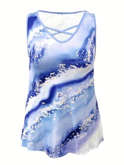 Plus Size Marble Print Tank Top Casual Criss Cross Sleeveless V Neck Top For Summer & Spring Women's Plus Size Clothing