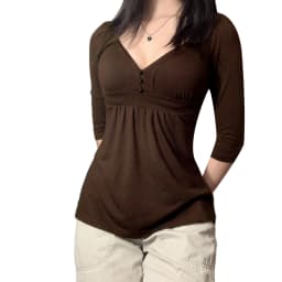 2000s Women's Clothing Solid Color Shirt, Elbow Length Sleeve V-neck Button Decor Chest Loose Hem Tops Tee for Female