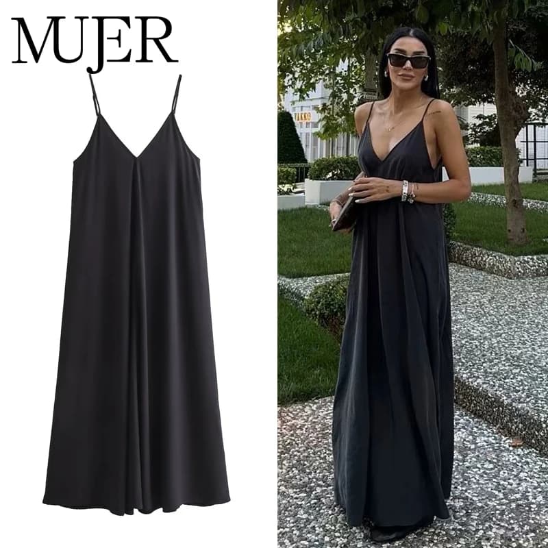 MUJER Black Slip Long Dresses for Women Red Draped Summer Dress Woman 2025 Sexy Backless Maxi Dress Women Summer Beach Dresses