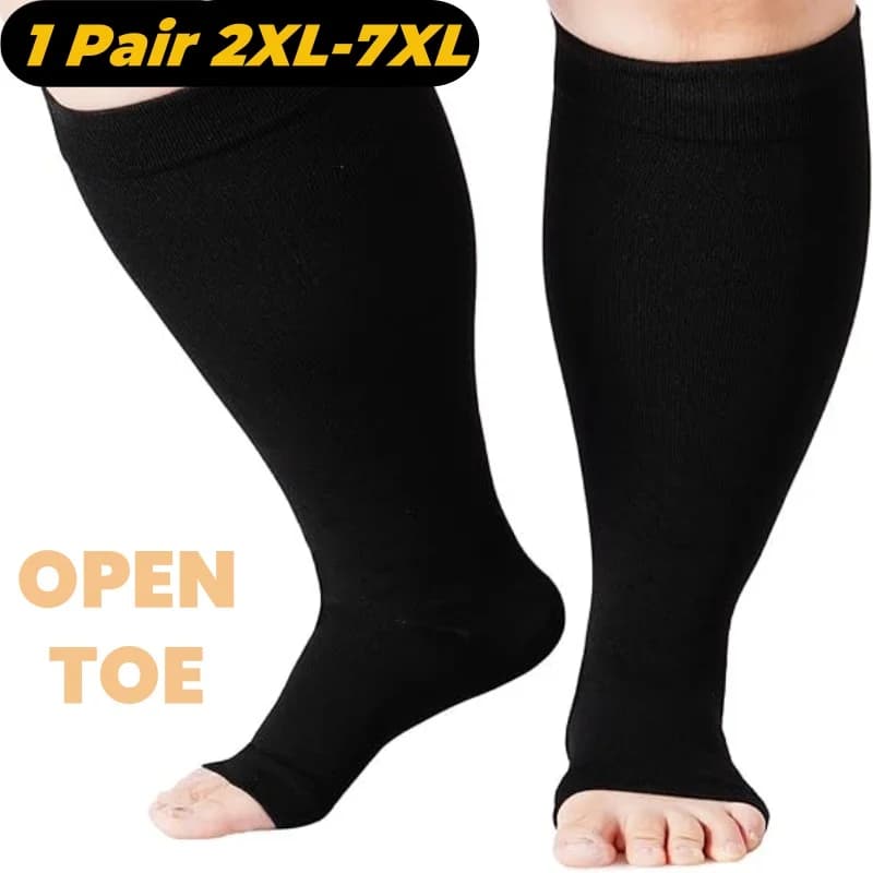 1Pair 2XL-7XL Plus Size Compression Socks Open Toe Compression Women& Men 15-20mmHg Wide Calf Knee High Toeless Compression Sock