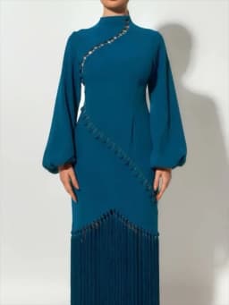 Customized Exquisite Jersey Button Tassel Pleat Straight High Collar Midi Dresses Prom Dresses Modern Style Simple Formal High Q