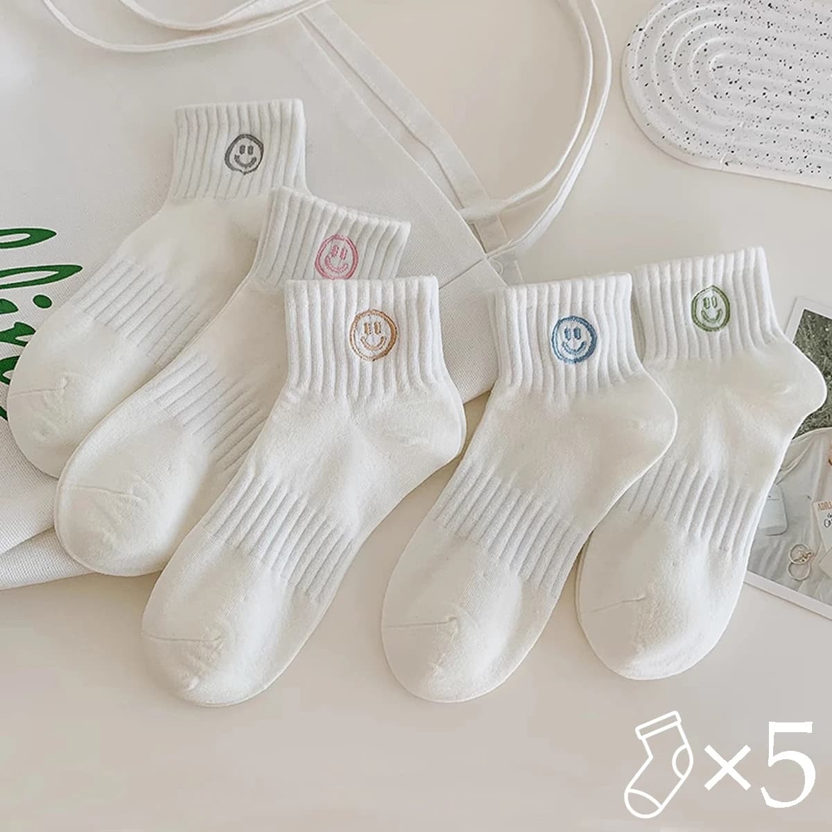 5/10/15/20 pairs Women's Simple Ins Style White Smiling Face Ankle Socks