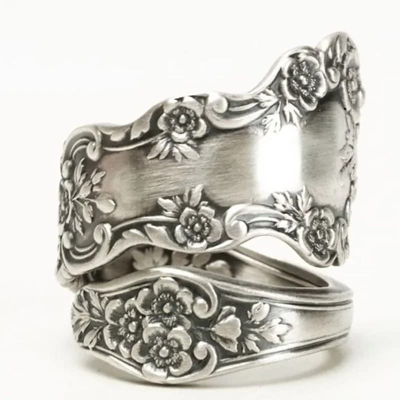 Intage Handmade Engraved Rose Flower Rings for Women Silver Color Spoon Ring Anniversary Gift Engagement Party Jewelry