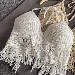 Women Summer Beach Boho Crop Tops Sexy Y2K Knitted Backless Hollow Out Tank Tops Crochet Tassels Hem Halter Bras Bustier Top