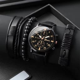 4PCS Men's Business Watches Fashion Leather Band Analog Quartz Watch with Woven Bracelets Set(Without Box)