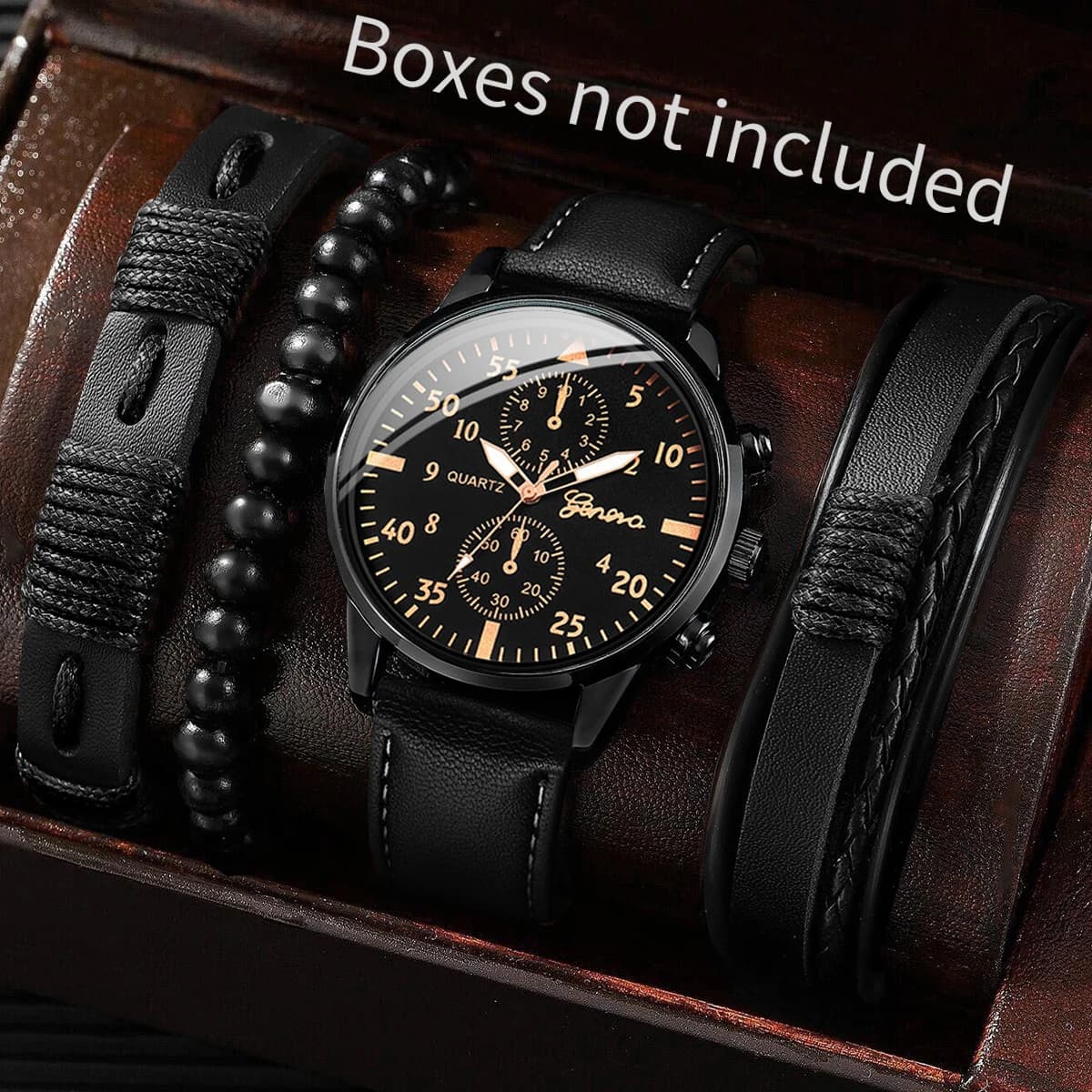 4PCS Men's Business Watches Fashion Leather Band Analog Quartz Watch with Woven Bracelets Set(Without Box)