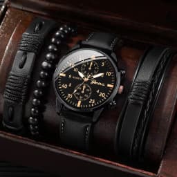 4PCS Men's Business Watches Fashion Leather Band Analog Quartz Watch with Woven Bracelets Set(Without Box)